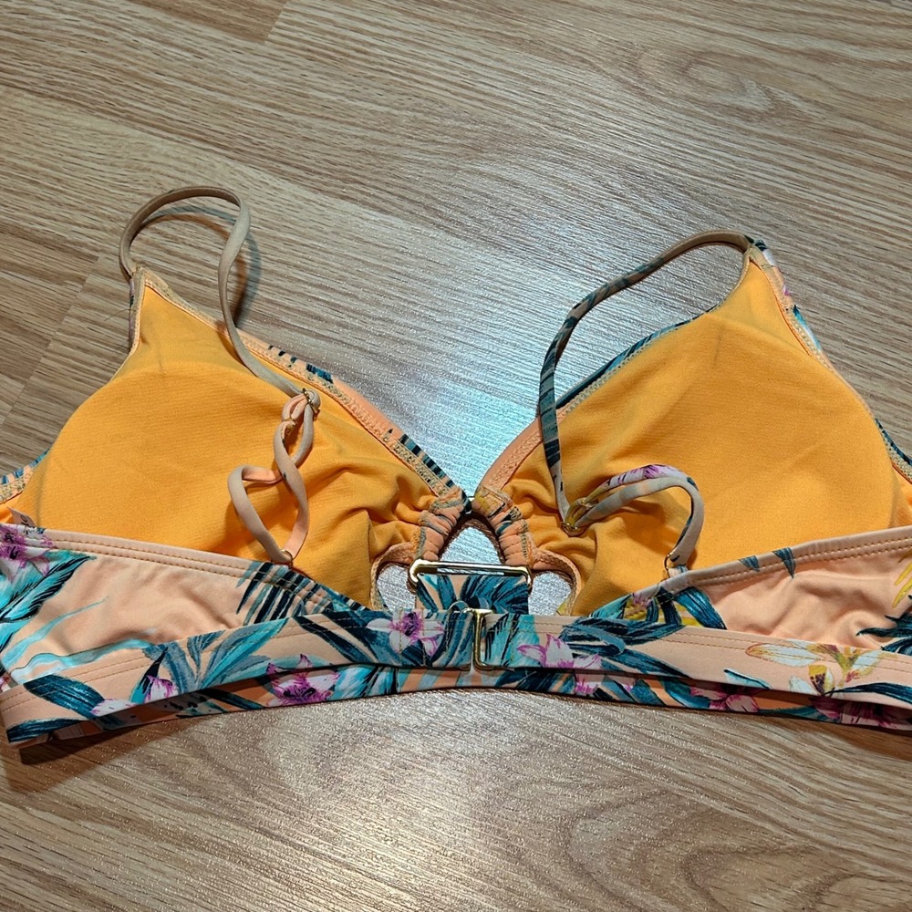 Ambrielle Tropical Floral Bikini Top Peach Teal Gold Ring Detail Large - Picture 4 of 6